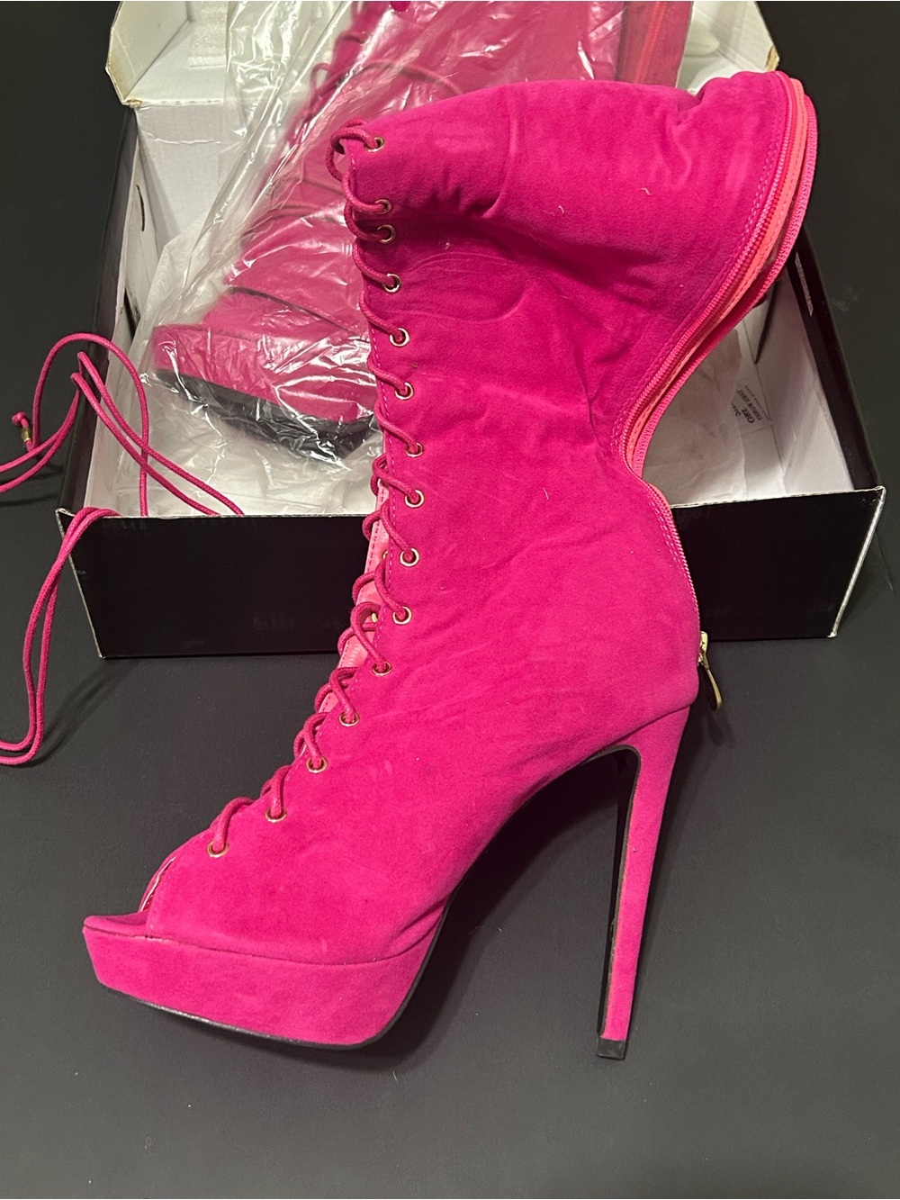 Hot Pink Lace-Up Peep-Toe Stiletto Ankle Boots